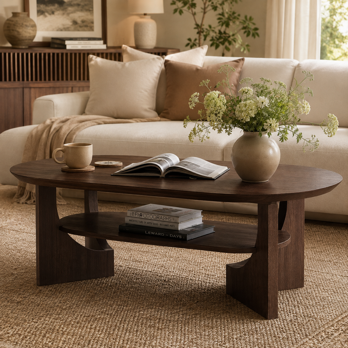 Wetalus 47" Mid Century Coffee Table Oval 2-Tier,Walnut