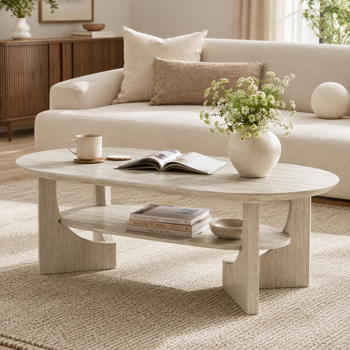 Wetalus 47" Mid Century Coffee Table Oval 2-Tier,Stone