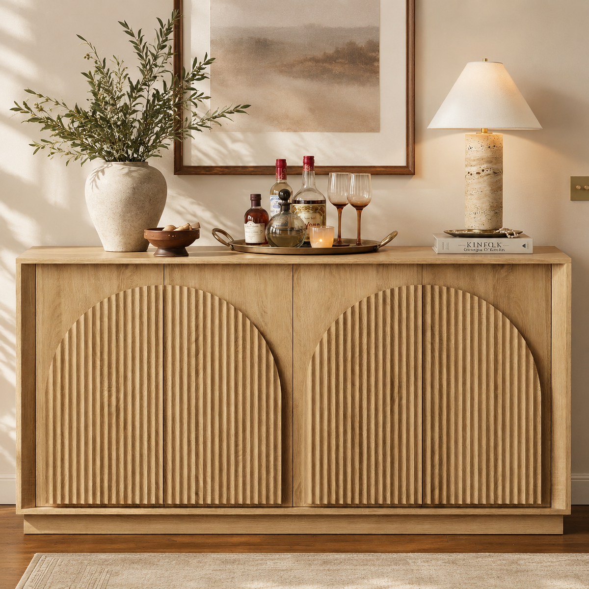 Wetalus 65.3" Mid-Century Modern Fluted Sideboard Buffet Cabinet with Storage,Oak