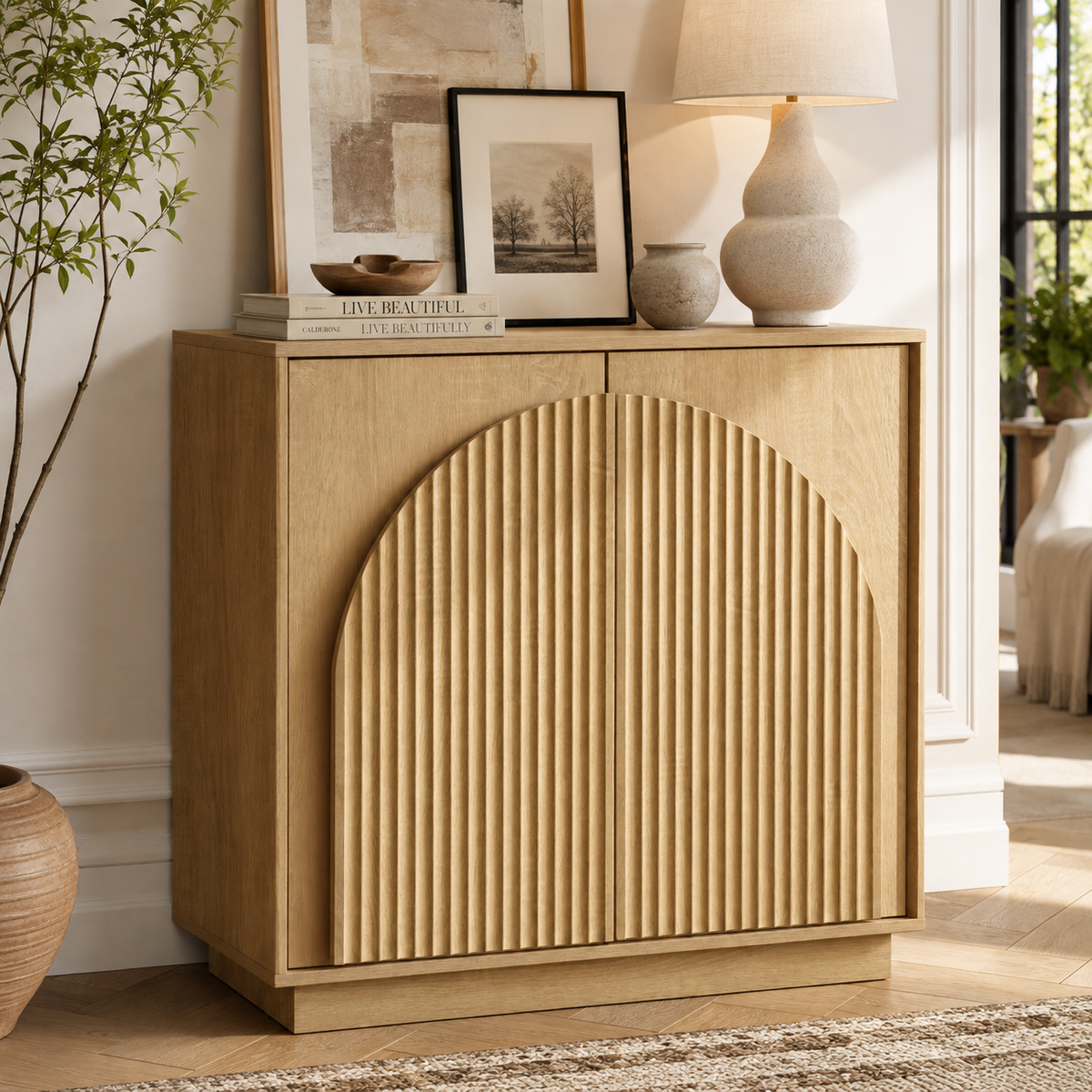 Wetalus Mid-Century Fluted Arched Door Sideboard Cabinet,Oak