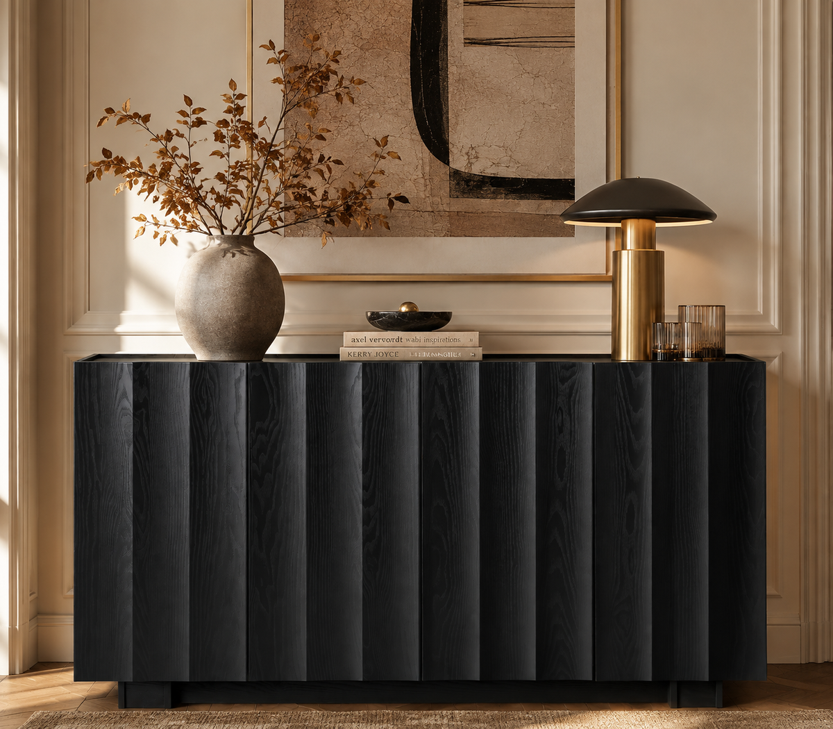 Wetalus 61.7"Mid Century Modern Sideboard Buffet Cabinet with Wave Design, Adjustable Shelves, Wood Grain Finish, Black