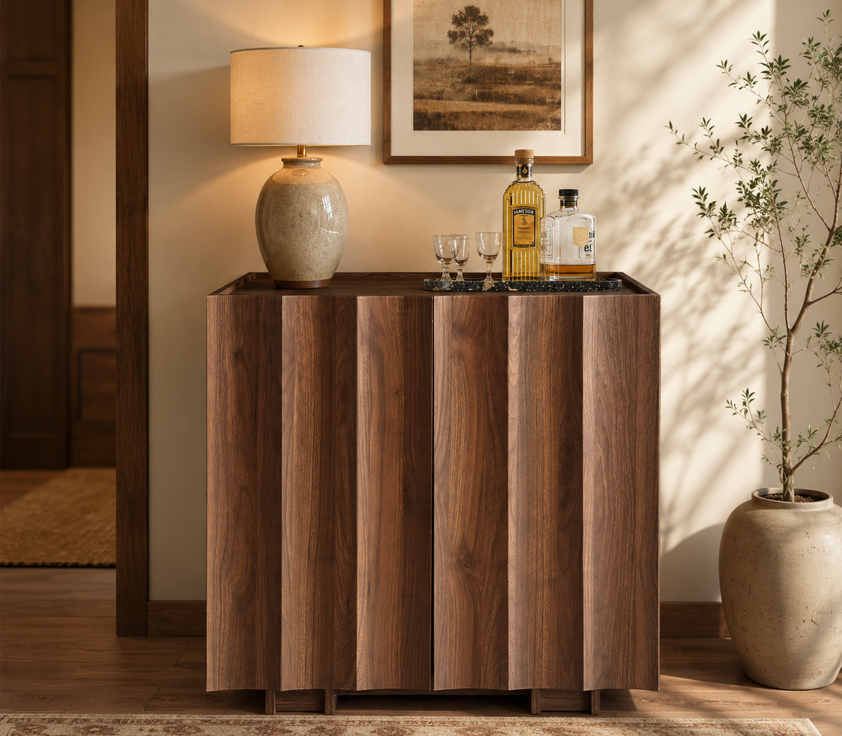 Wetalus 30.8"Mid Century Modern Sideboard Buffet Cabinet with Wave Design, Adjustable Shelves, Wood Grain Finish, Walnut