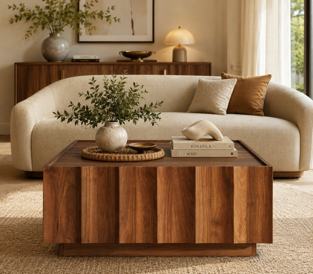 Wetalus Mid Century Modern Square Coffee Table with Storage, Wave Design,Walnut