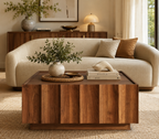 Wetalus Mid Century Modern Square Coffee Table with Storage, Wave Design,Walnut