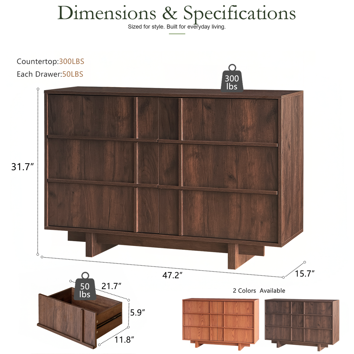 Wetalus 47" Mid Century Modern 6 Drawer Dresser, Skeleton Line, Walnut