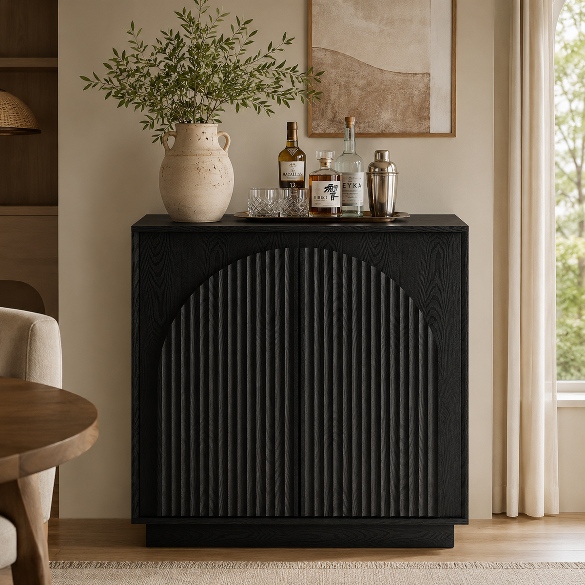 Wetalus Mid-Century Modern Fluted Sideboard Buffet Cabinet, Black