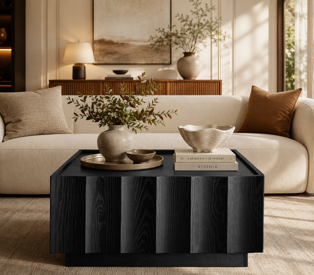 Wetalus Mid Century Modern Square Coffee Table with Storage, Wave Design,Black