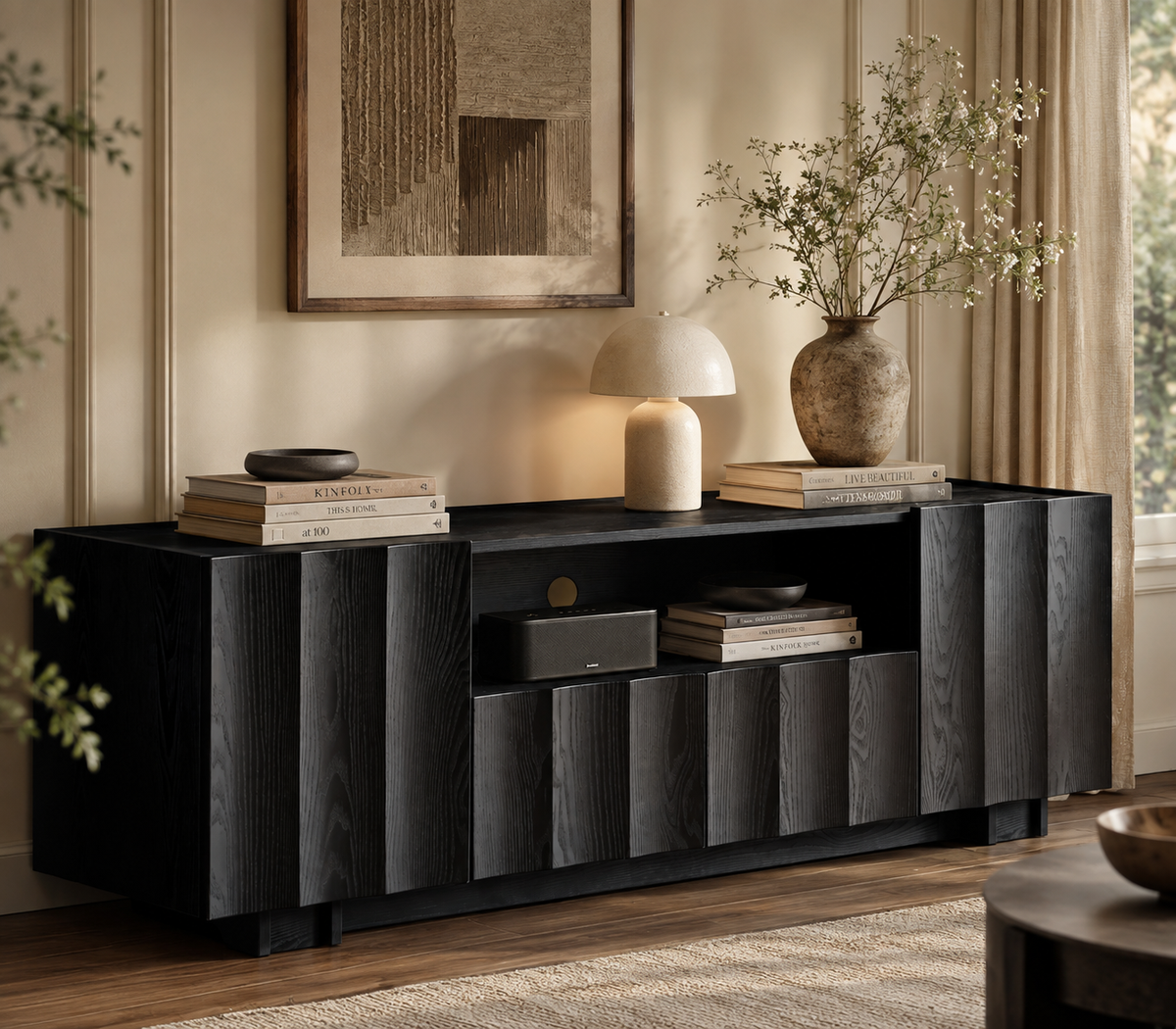 Wetalus 61" Mid Century Modern TV Stand, Adjustable Shelves, Wave Design, Black