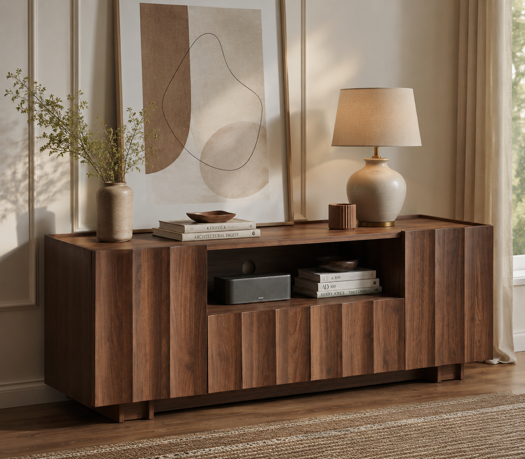 Wetalus 61" Mid Century Modern TV Stand, Adjustable Shelves, Wave Design, Walnut