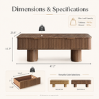 Wetalus Rectangle Coffee Table with Drawers, Faux Marble Top, Fluted Pedestal Base, Storage,Walnut