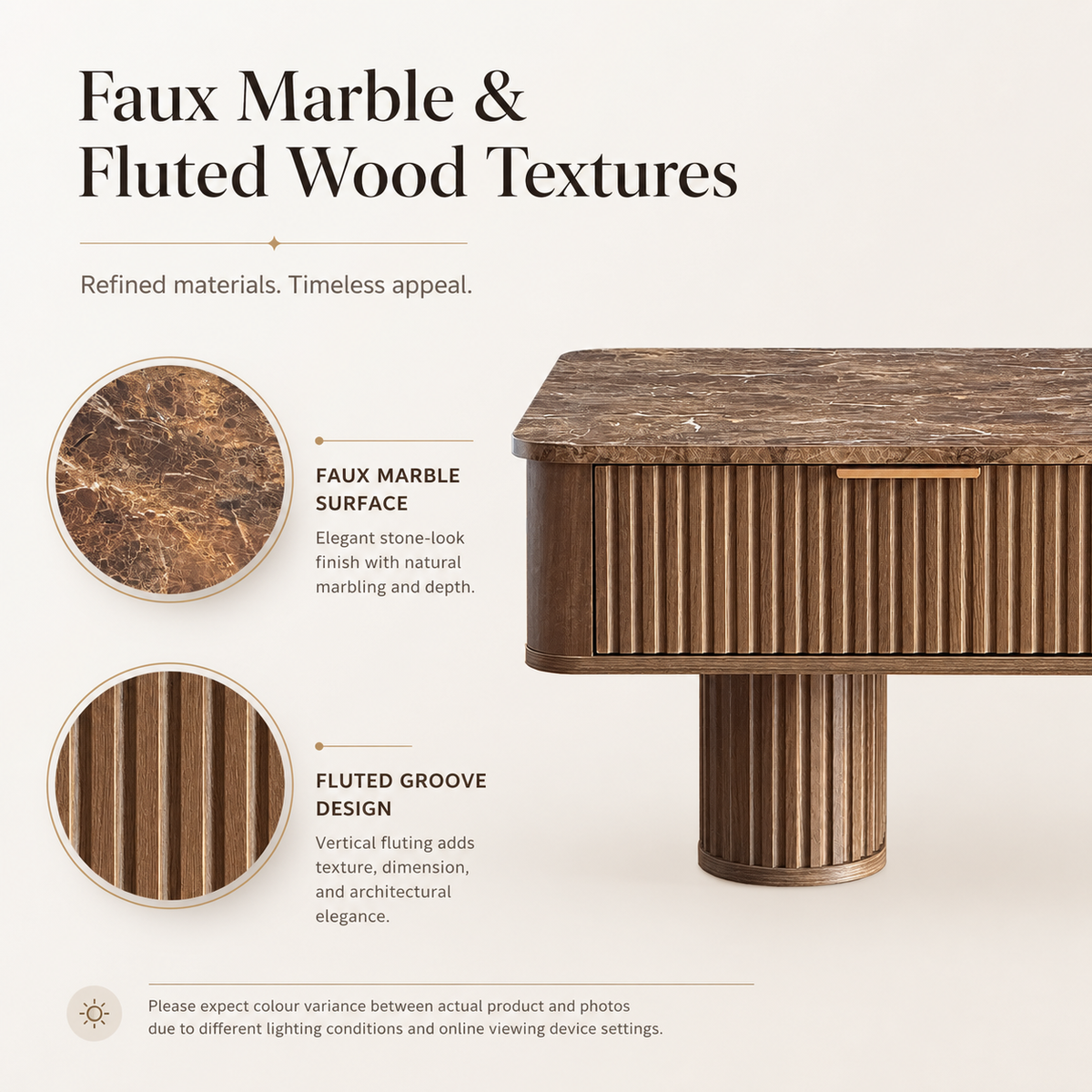 Wetalus Rectangle Coffee Table with Drawers, Faux Marble Top, Fluted Pedestal Base, Storage,Walnut