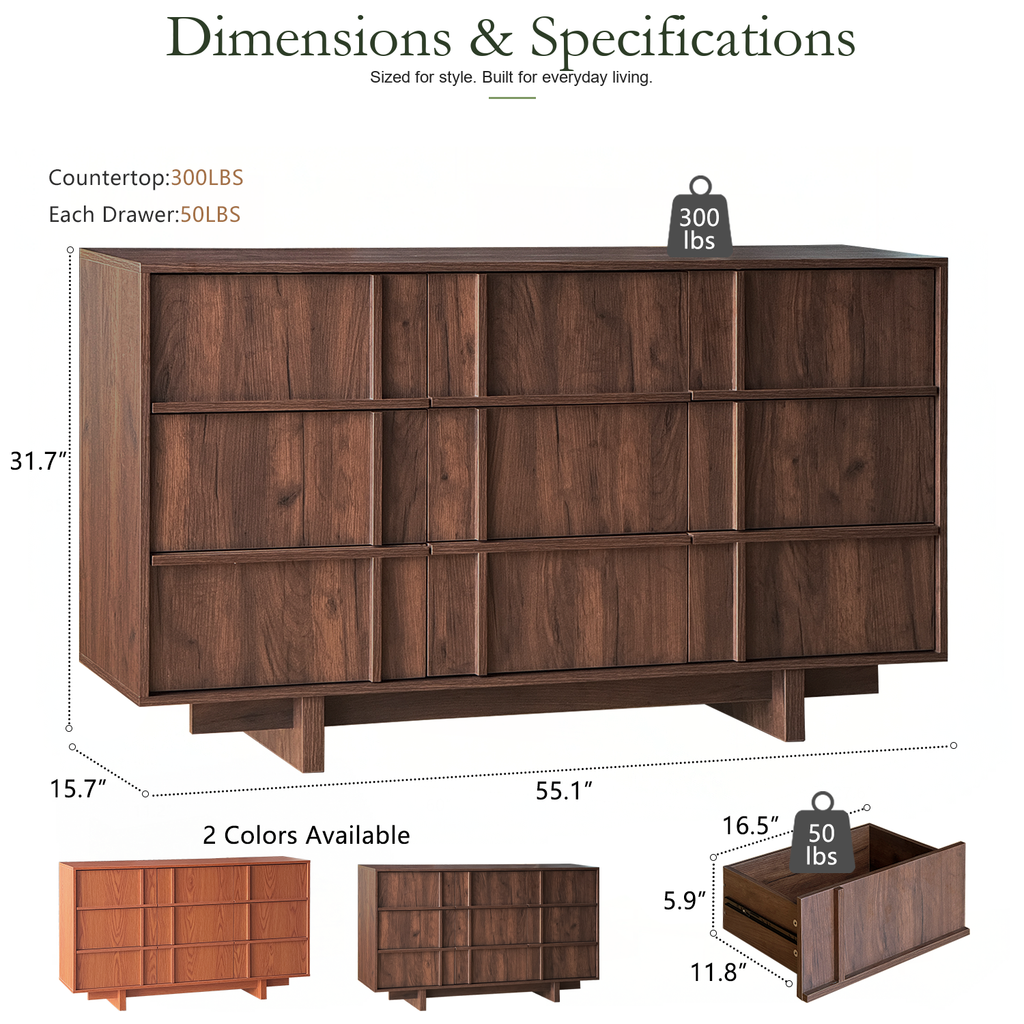 Wetalus 55.1" Mid Century Modern 9 Drawer Dresser, Skeleton Line,Walnut