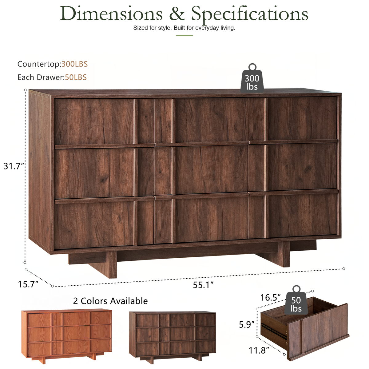 Wetalus 55.1" Mid Century Modern 9 Drawer Dresser, Skeleton Line,Walnut