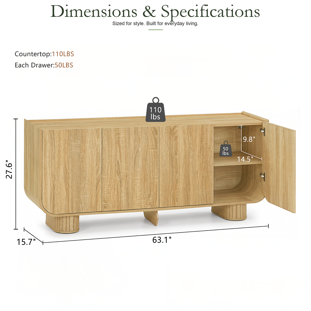 Wetalus Sideboard Buffet Cabinet Mid Century Modern U-Shape Design Adjustable Shelves Wood Grain Finish OAK 4 Doors 63.1 Inch
