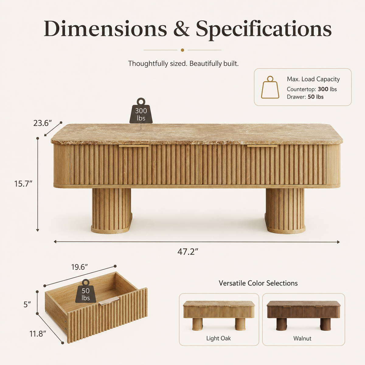 Wetalus Rectangle Coffee Table with Drawers, Faux Marble Top, Fluted Pedestal Base, Storage,Oak