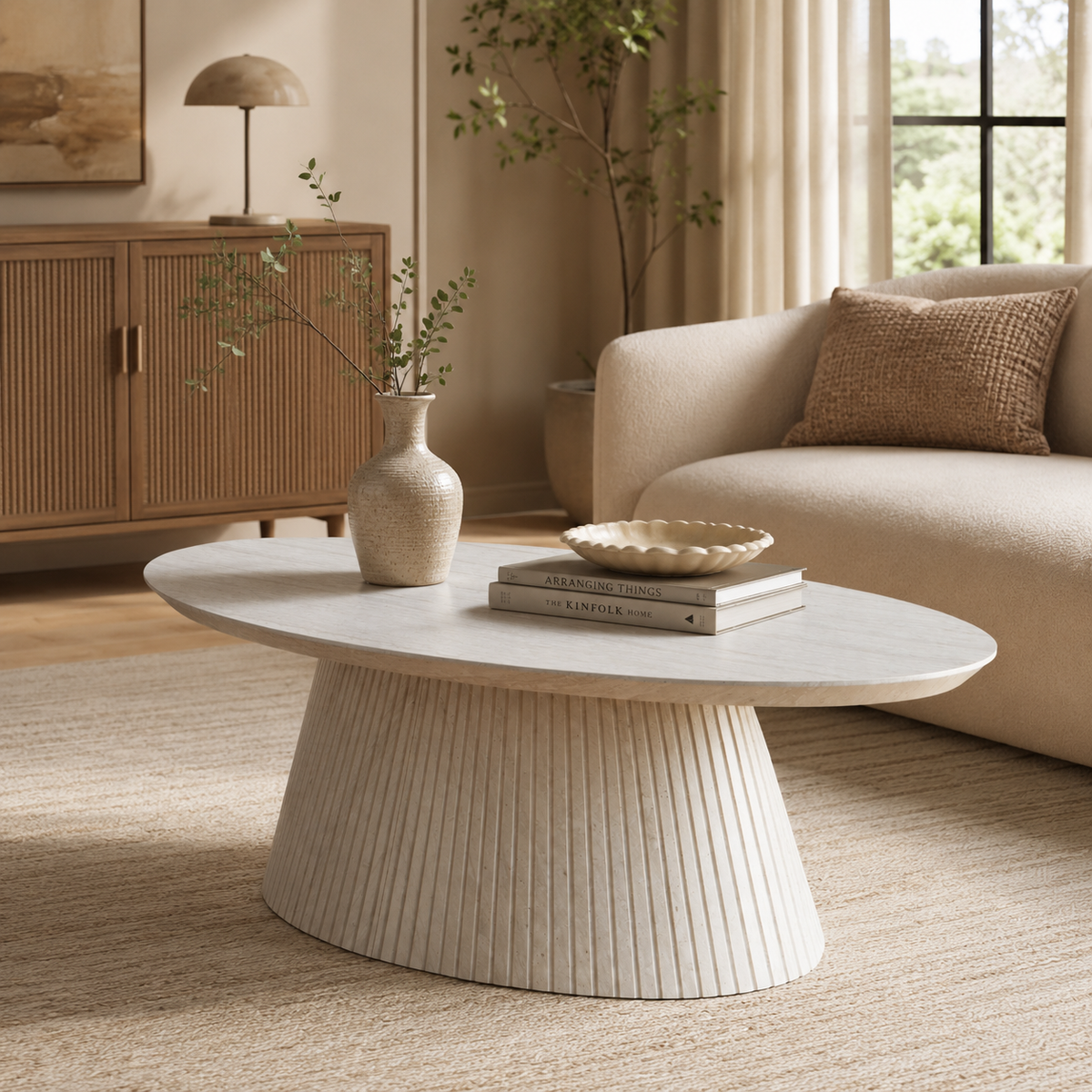 Wetalus 47.2" Mid Century Modern Oval Coffee Table with Faux Stone Veneer, Fluted Base,Stone