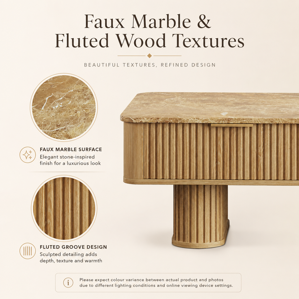 Wetalus Rectangle Coffee Table with Drawers, Faux Marble Top, Fluted Pedestal Base, Storage,Oak
