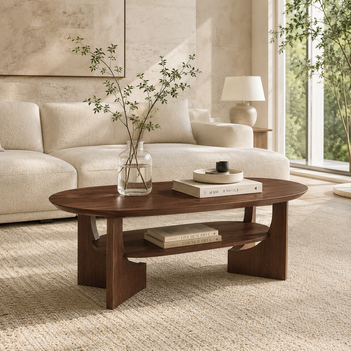 Wetalus 47" Mid Century Coffee Table Oval 2-Tier,Walnut
