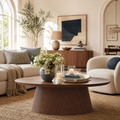 Wetalus 47.2" Mid Century Modern Oval Coffee Table with Faux Stone Veneer, Fluted Base,Walnut
