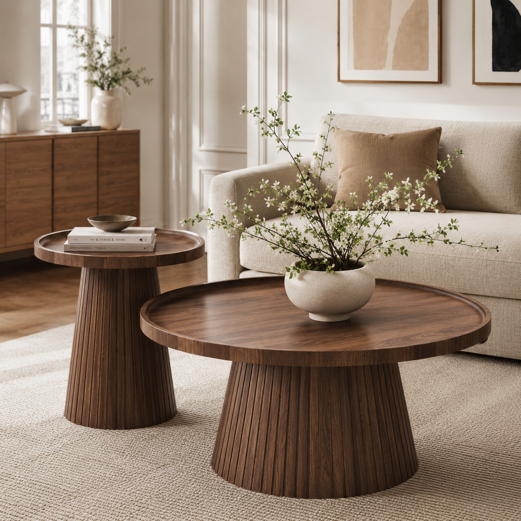 Wetalus Mid Century Modern Nesting and Storage Round Walnut Coffee Table with Set of 2, Walnut