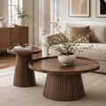 Wetalus Mid Century Modern Nesting and Storage Round Walnut Coffee Table with Set of 2, Walnut