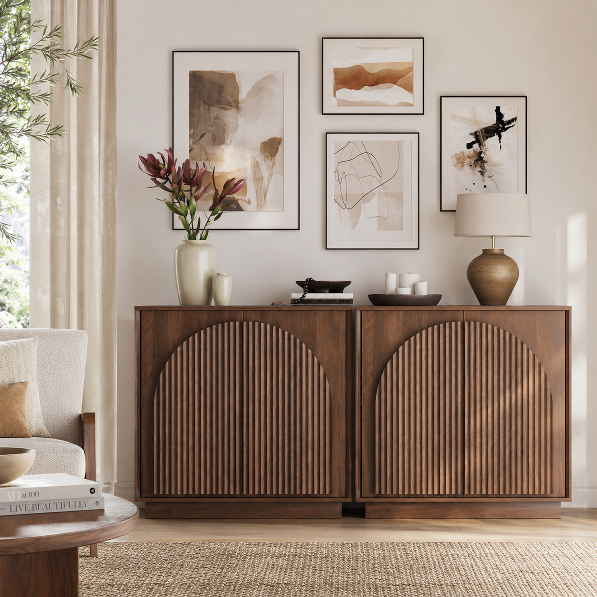 Wetalus Mid-Century Fluted Arched Door Sideboard Cabinet,Walnut
