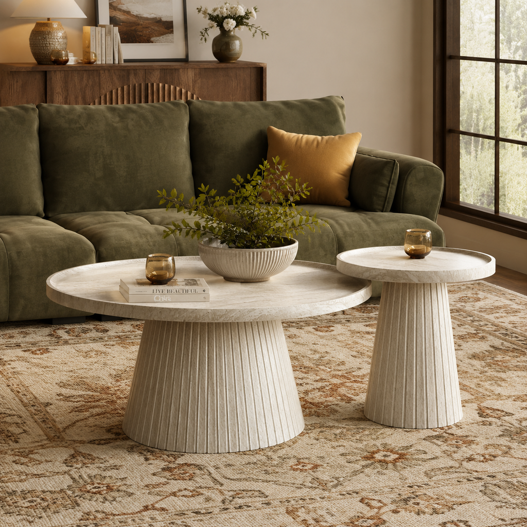 Wetalus Mid Century Modern Nesting Coffee Table Set of 2, Fluted Round,Stone
