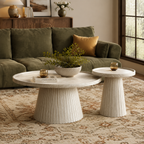 Wetalus Mid Century Modern Nesting Coffee Table Set of 2, Fluted Round,Stone