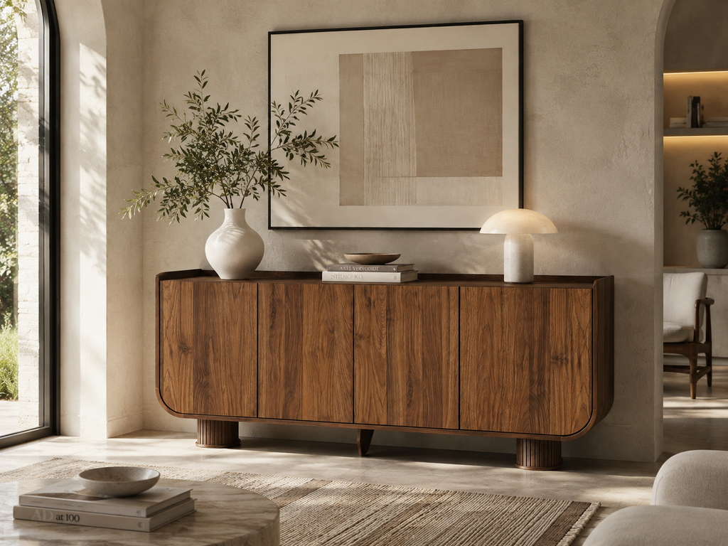 Wetalus 63.1" Mid Century Modern Sideboard Buffet Cabinet with U-Shape Design, Adjustable Shelves, Wood Grain Finish, Walnut