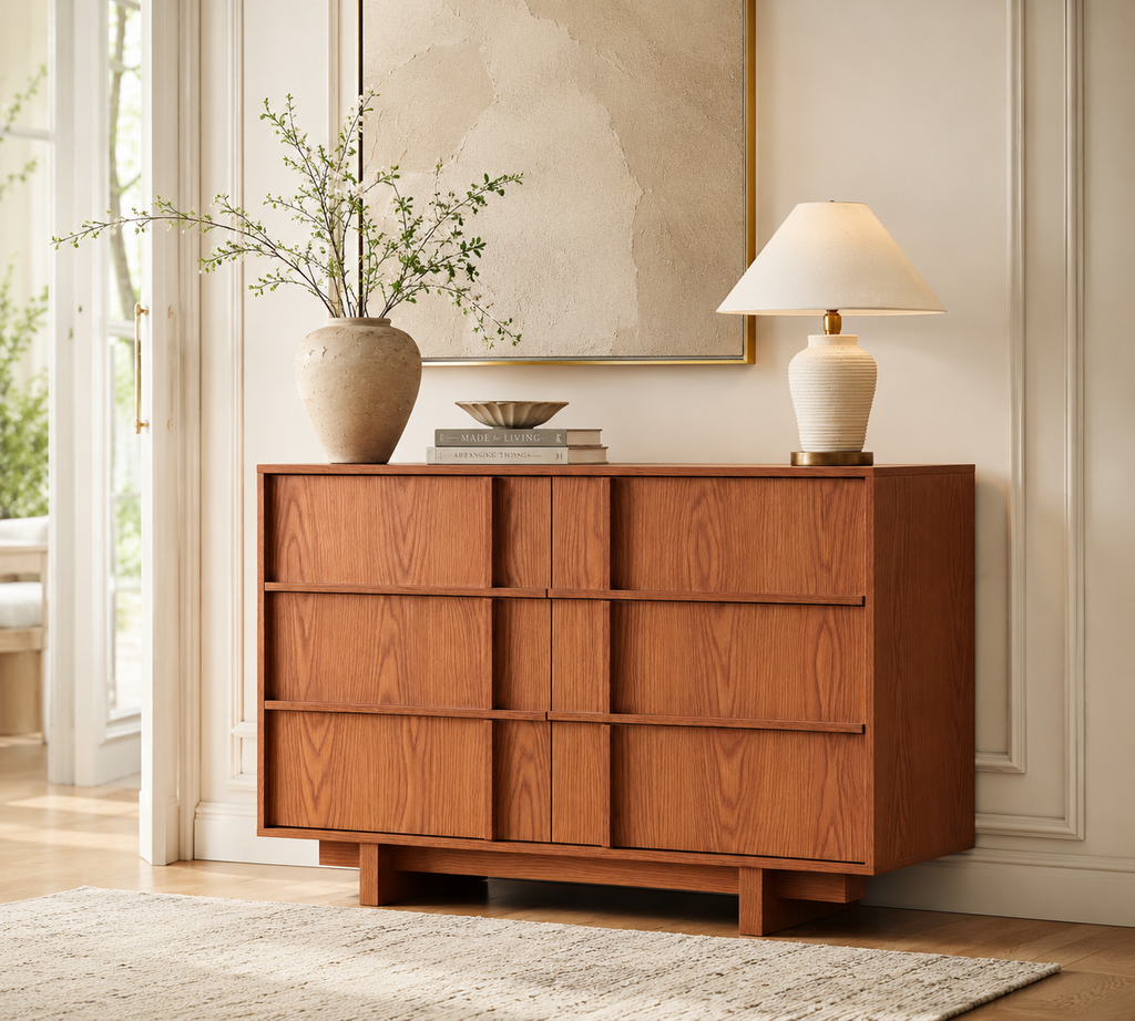 Wetalus 47" Mid Century Modern 6 Drawer Dresser, Skeleton Line,Cherry