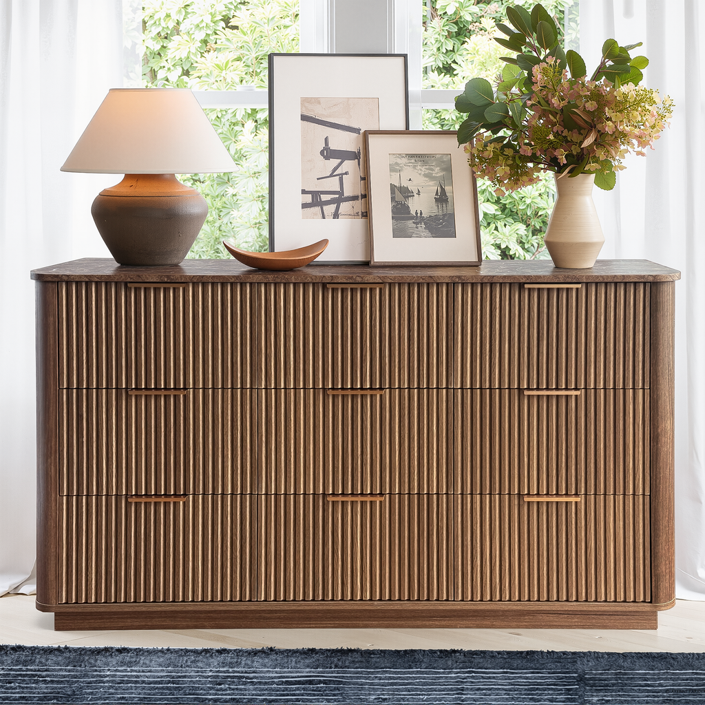 Wetalus 55.1" Mid Century Modern 9 Drawer Dresser, Recessed Design,Walnut