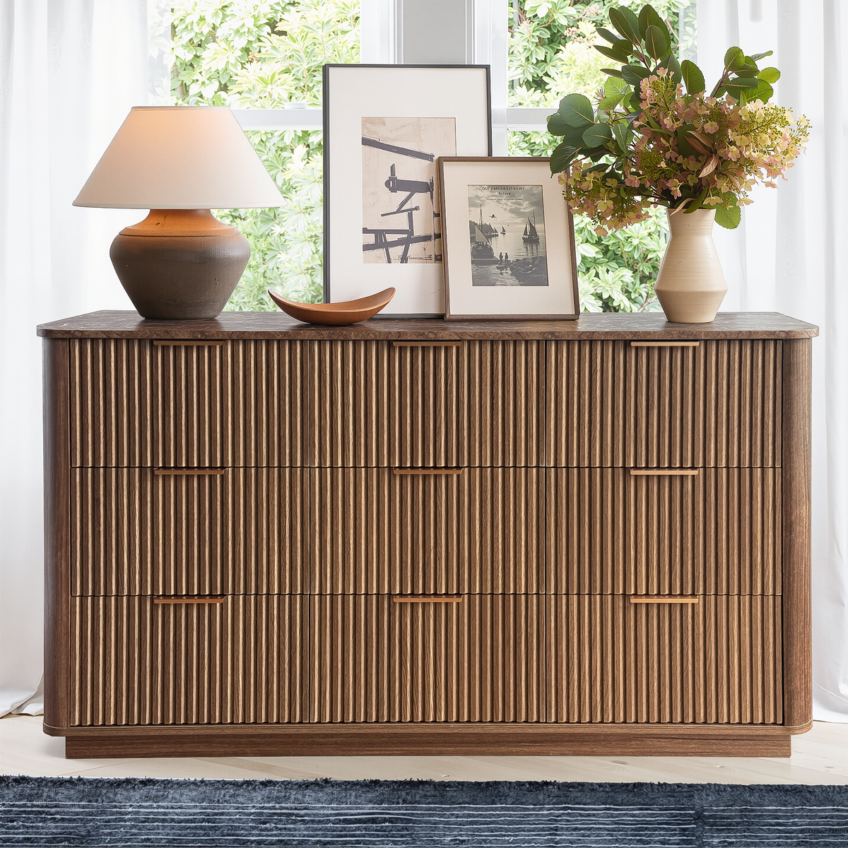 Wetalus 55.1" Mid Century Modern 9 Drawer Dresser, Recessed Design,Walnut