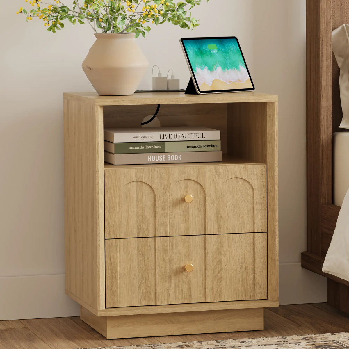 Wetalus Mid-Century White Oak Arch Nightstand