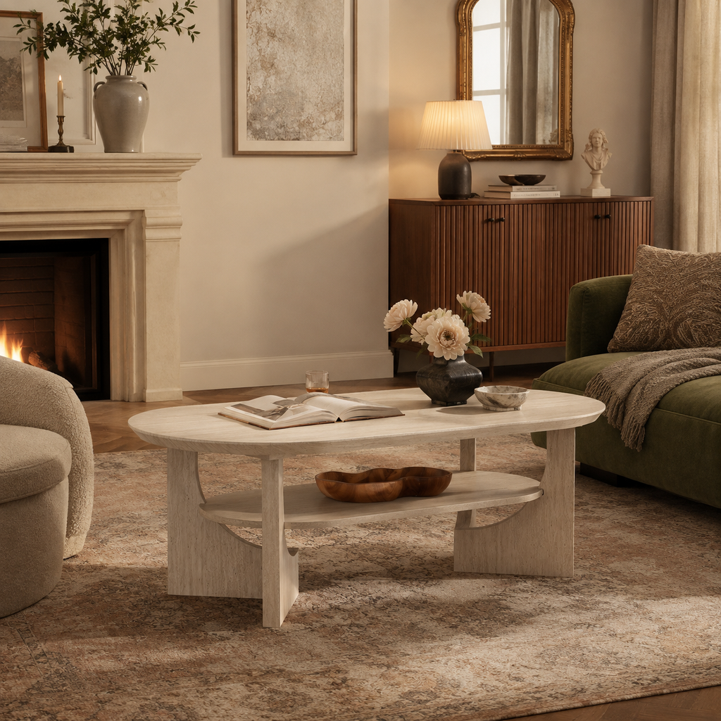 Wetalus 47" Mid Century Coffee Table Oval 2-Tier,Stone