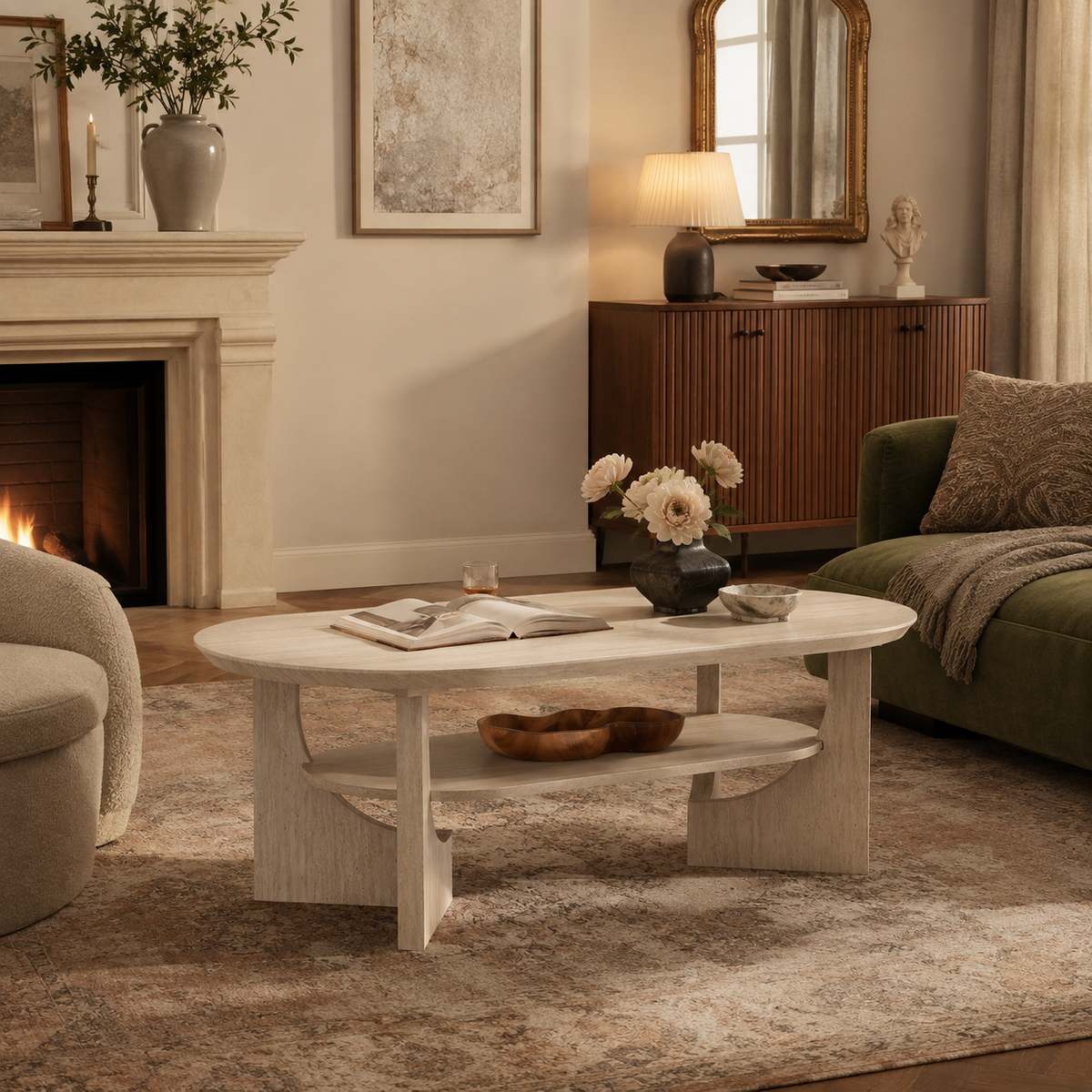 Wetalus 47" Mid Century Coffee Table Oval 2-Tier,Stone