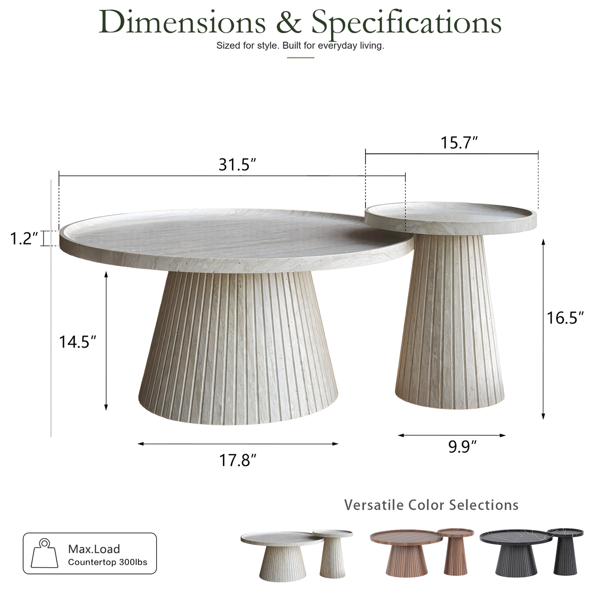 Wetalus Mid Century Modern Nesting Coffee Table Set of 2, Fluted Round,Stone