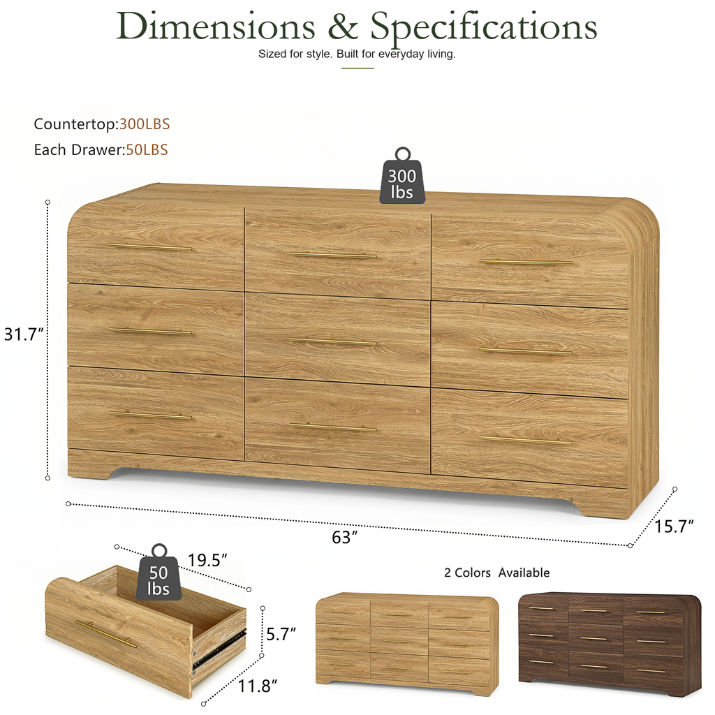 Wetalus 63" Mid Century Modern 9 Drawer Dresser, Curved side,Oak