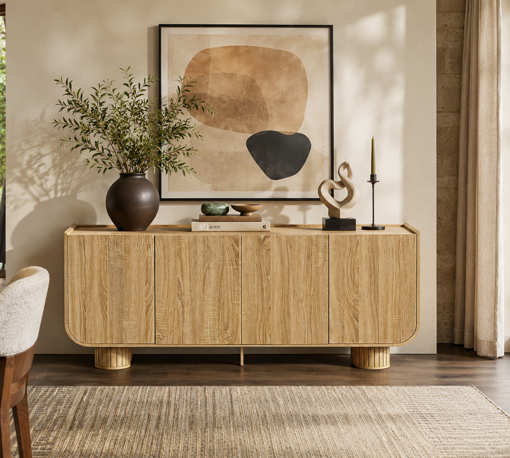 Wetalus Sideboard Buffet Cabinet Mid Century Modern U-Shape Design Adjustable Shelves Wood Grain Finish OAK 4 Doors 63.1 Inch