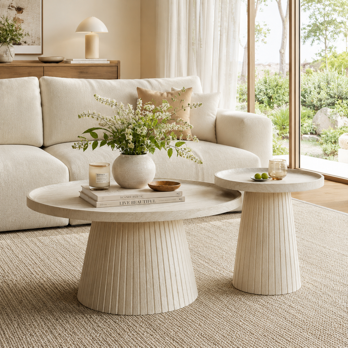 Wetalus Mid Century Modern Nesting Coffee Table Set of 2, Fluted Round,Stone