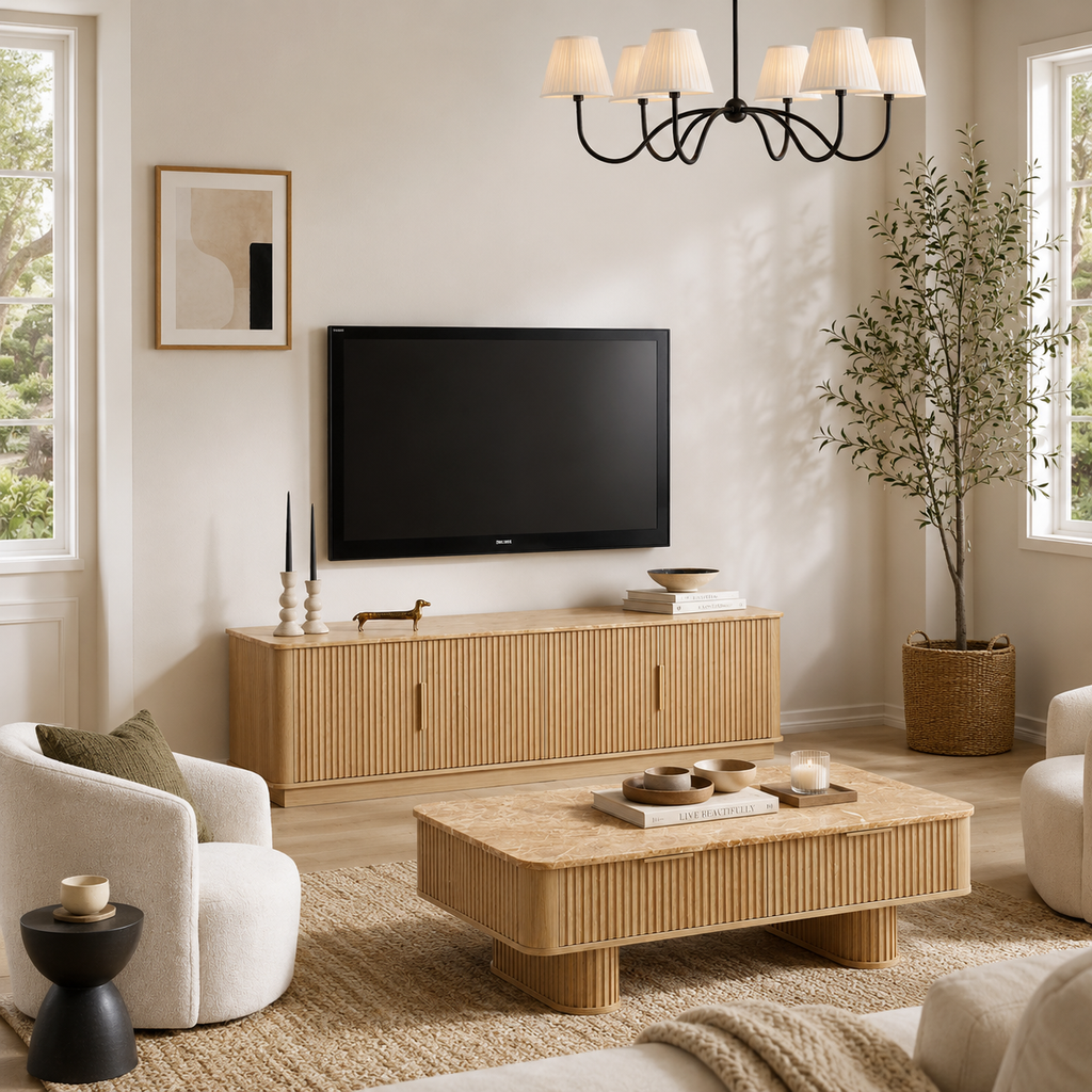 Wetalus Rectangle Coffee Table with Drawers, Faux Marble Top, Fluted Pedestal Base, Storage,Oak