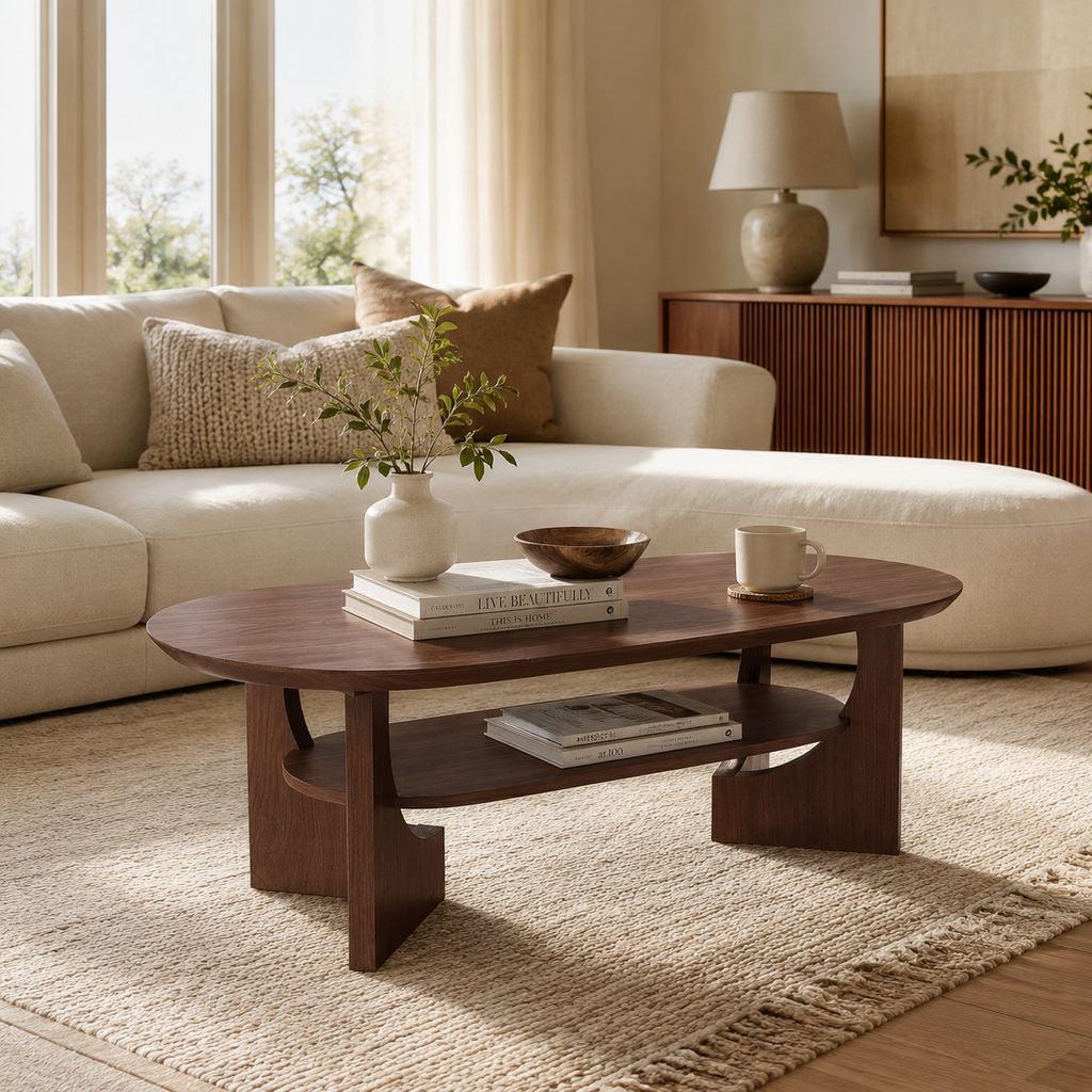 Wetalus 47" Mid Century Coffee Table Oval 2-Tier,Walnut