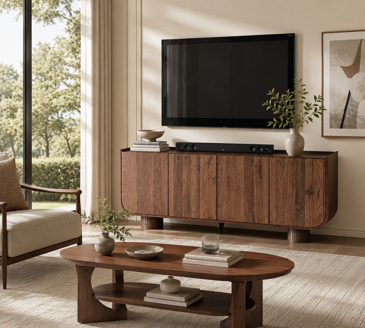 Wetalus 63.1" Mid Century Modern Sideboard Buffet Cabinet with U-Shape Design, Adjustable Shelves, Wood Grain Finish, Walnut