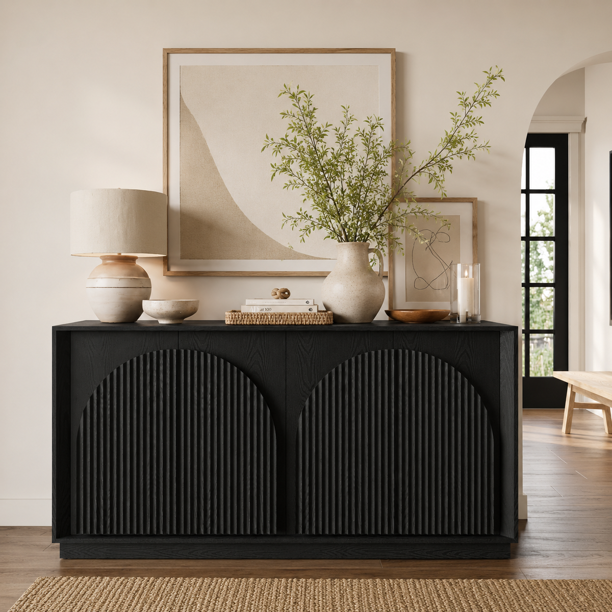 Wetalus 65.3" Mid-Century Modern Fluted Sideboard Buffet Cabinet with Storage,Black
