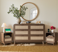 Walnut Rattan Bedroom Furniture Set, 3-Piece Boho Set with 6-Drawer Dresser and Charging Station Nightstands