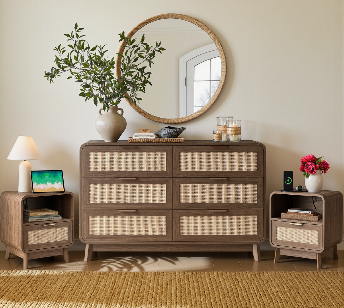 Walnut Rattan Bedroom Furniture Set, 3-Piece Boho Set with 6-Drawer Dresser and Charging Station Nightstands