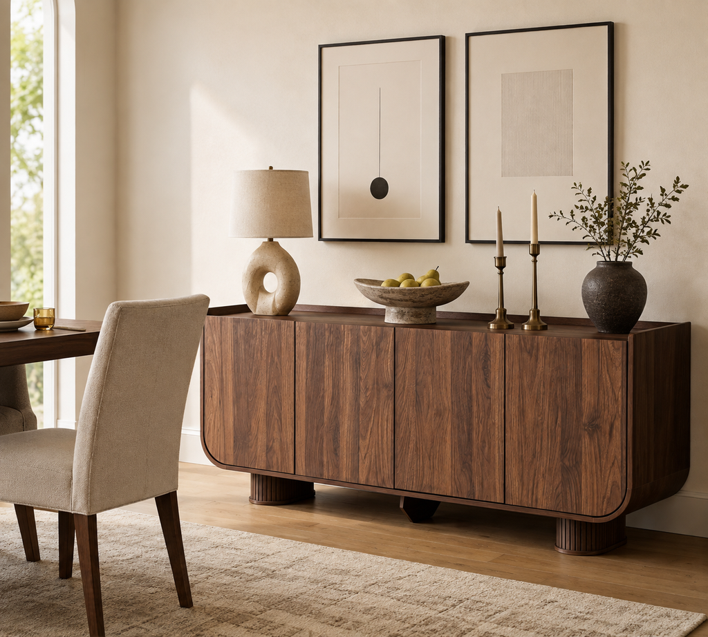 Wetalus 63.1" Mid Century Modern Sideboard Buffet Cabinet with U-Shape Design, Adjustable Shelves, Wood Grain Finish, Walnut