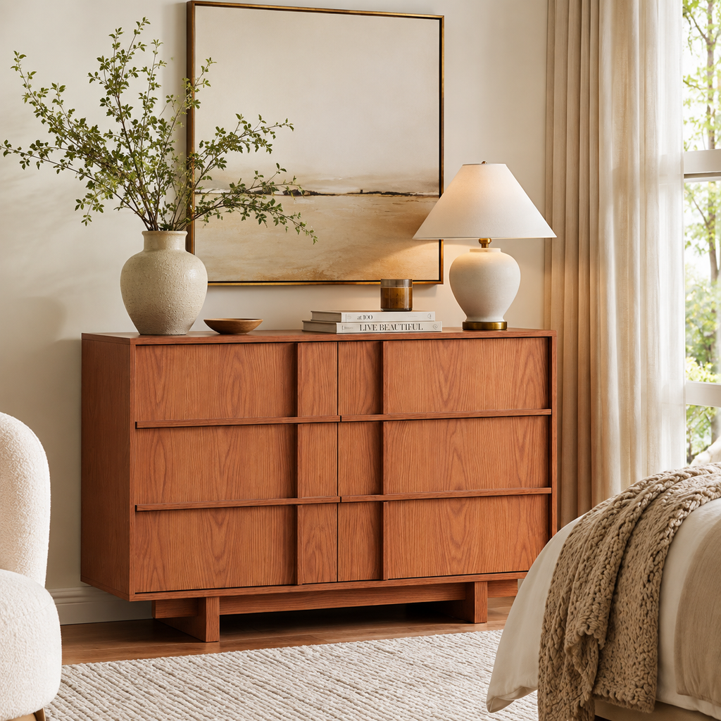 Wetalus 47" Mid Century Modern 6 Drawer Dresser, Skeleton Line,Cherry
