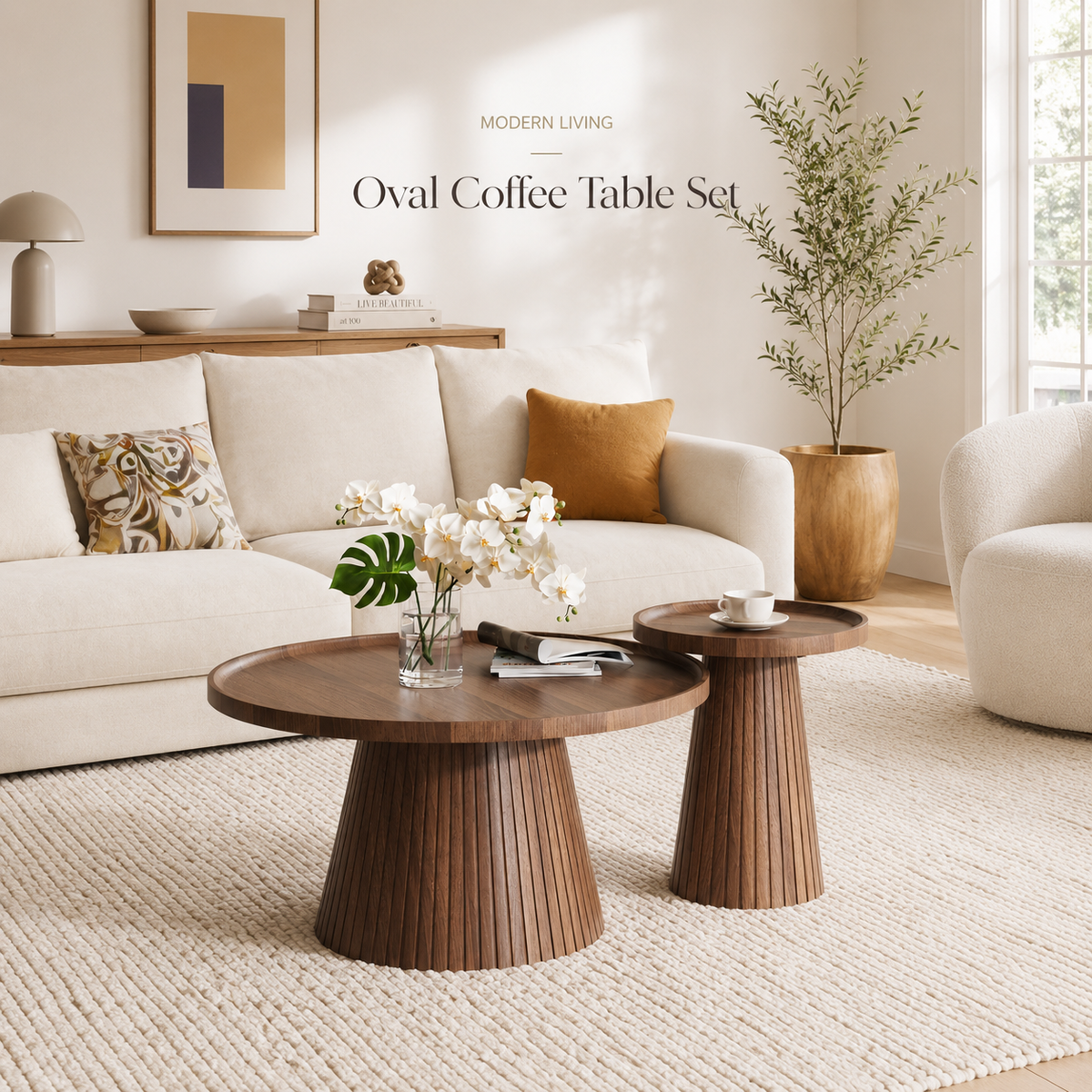 Wetalus Mid Century Modern Nesting and Storage Round Walnut Coffee Table with Set of 2, Walnut