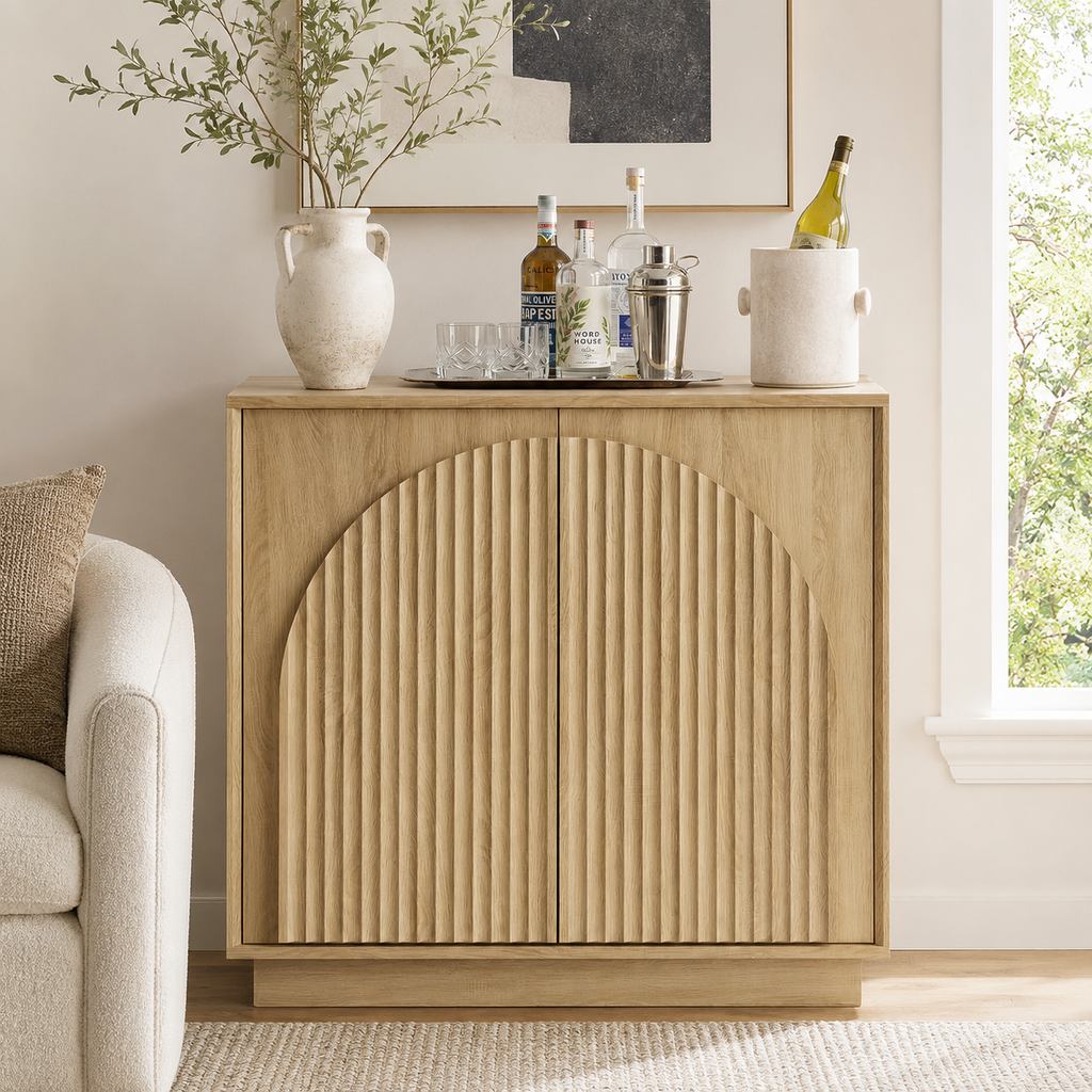 Wetalus Mid-Century Fluted Arched Door Sideboard Cabinet,Oak
