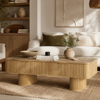 Wetalus Rectangle Coffee Table with Drawers, Faux Marble Top, Fluted Pedestal Base, Storage,Oak